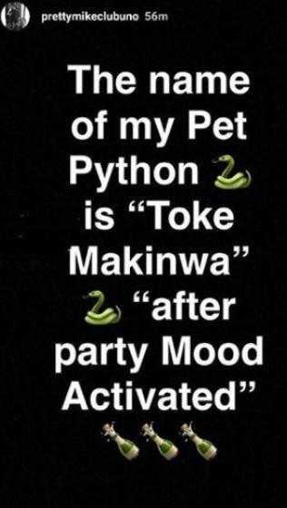 Pretty Mike Bathes With His Python, Names it 'Toke Makinwa' (Photos)