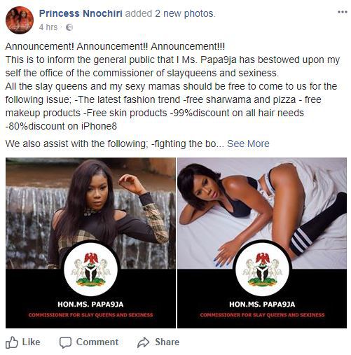 Nigerian Lady declares herself Commisioner of Slay queens and sexiness