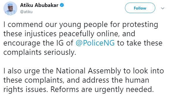 Former Vice President, Atiku Abubakar reacts to #EndSARS campaign on Social Media