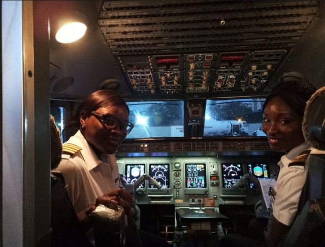Two Female Pilots All Smiles After a successful trip Flying From Abuja To Lagos. Photos