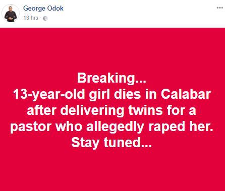 13 year old girl raped by a Pastor dies giving birth to a set of twins in Calabar.