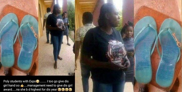 Female student who tried cheating by scribbling answers on her slippers caught