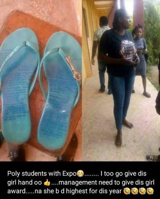 Female student who tried cheating by scribbling answers on her slippers caught