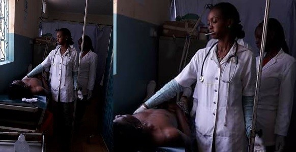 Female Medical Doctor spotted licking lollipop in an emergency room while attending to a patient