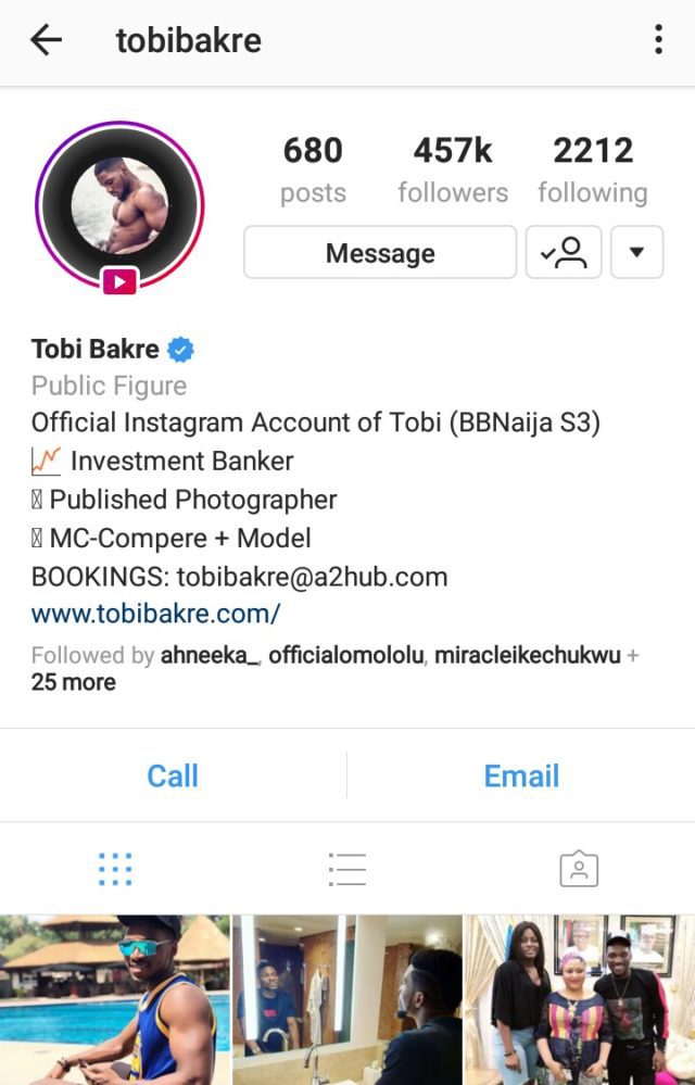 #BBNaija: Tobi becomes the first Ex-Housemate to be verified on Instagram