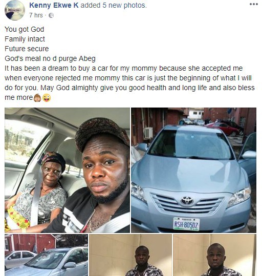 Nigerian man buys a car for his mother; says "it's been my dream".