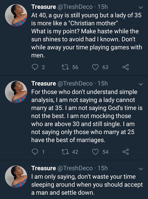 Nigerian lady stirs controversy with her tweets about women who 'waste' their 20s and get desperate for marriage later on