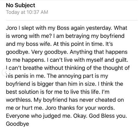 Woman addicted to sleeping with her Office Boss cries out