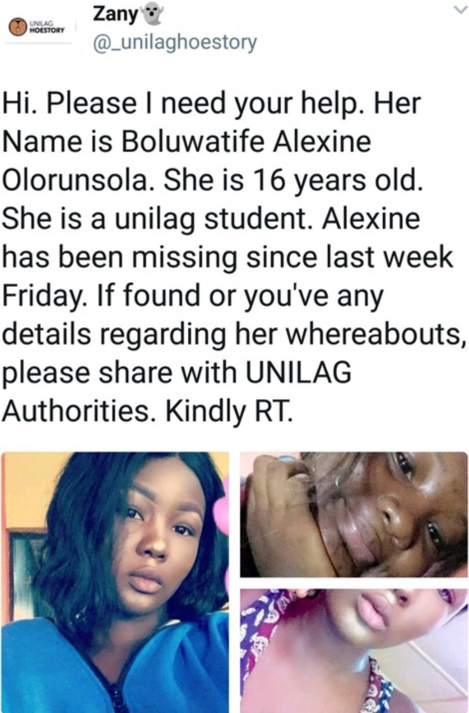 16-year-old UNILAG Female Student declared missing (Photos)
