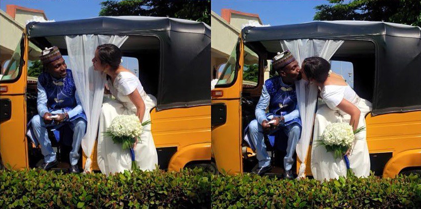 Photos: Nigerian man and his American bride wed with tricycle (Keke)