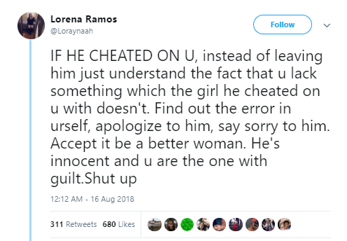 'If he cheated on you, find out the error in yourself and say sorry to him' - Female twitter user advises