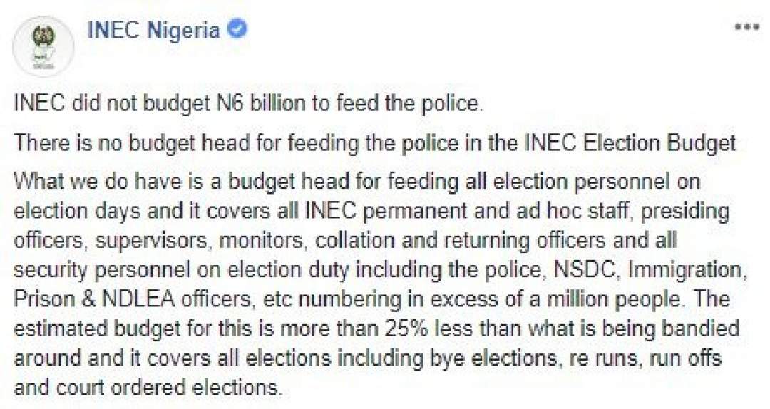 Election 2019: INEC denies demanding N6 billion to feed the Nigerian Police