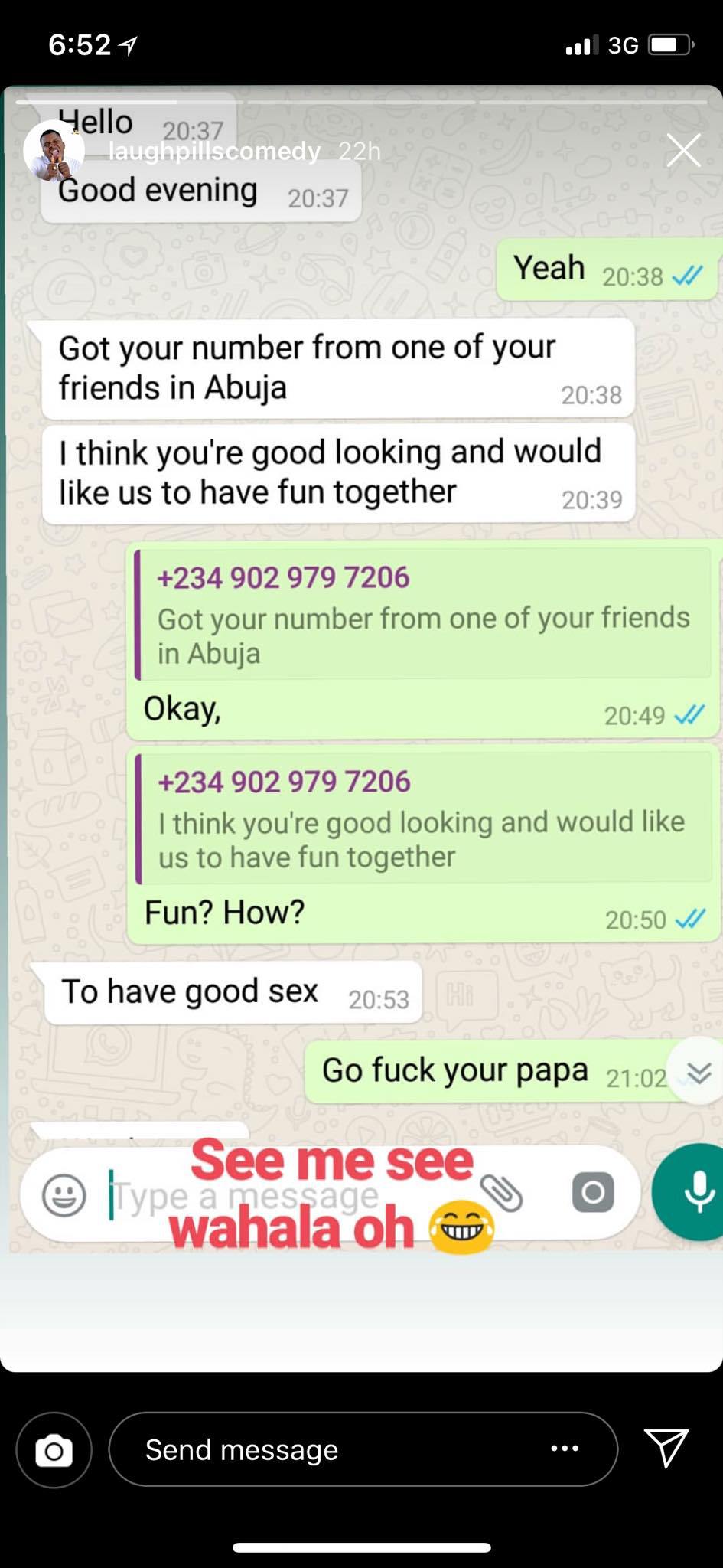 IG comedian, Laughpillscomedy shares screenshot of his chat with a Nigerian man who wants to have s*x with him