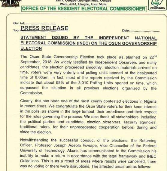 Full Statement: INEC declares Thursday, 27th as date for Osun governorship election re-run