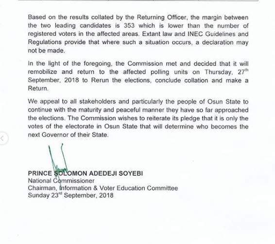 Full Statement: INEC declares Thursday, 27th as date for Osun governorship election re-run