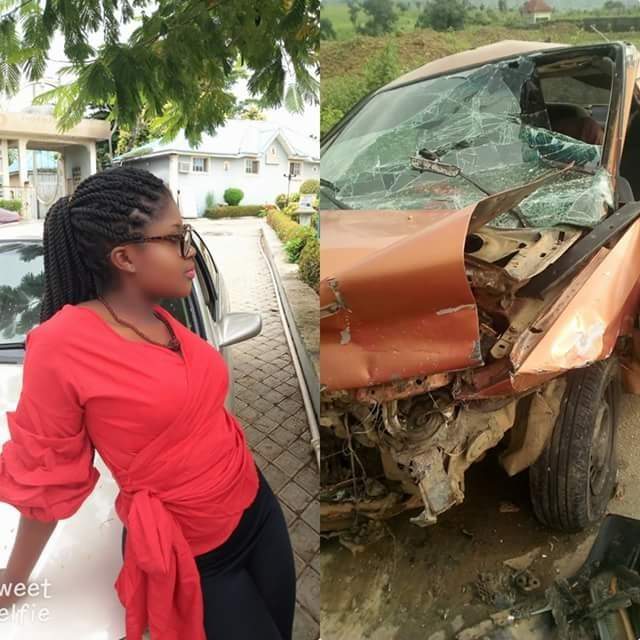 Female Corps member miraculously escapes death after car gets crushed in drastic accident (Photos)