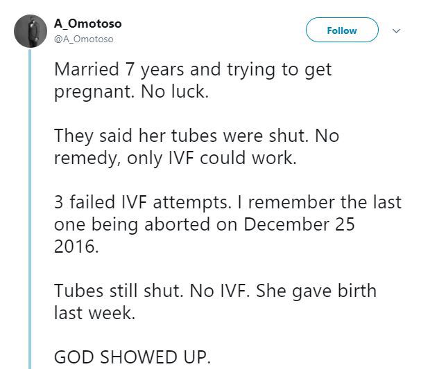 After 7 years of childlessness, 3 failed IVFs, Lady with shut tubes, gives birth 'naturally'
