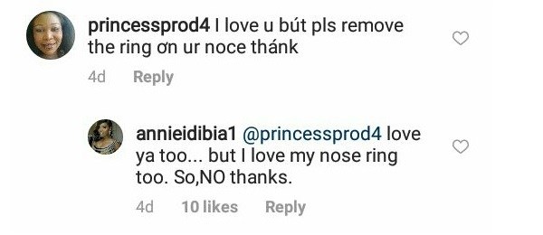 Annie Idibia shuts down a fan who told her to stop wearing nose ring