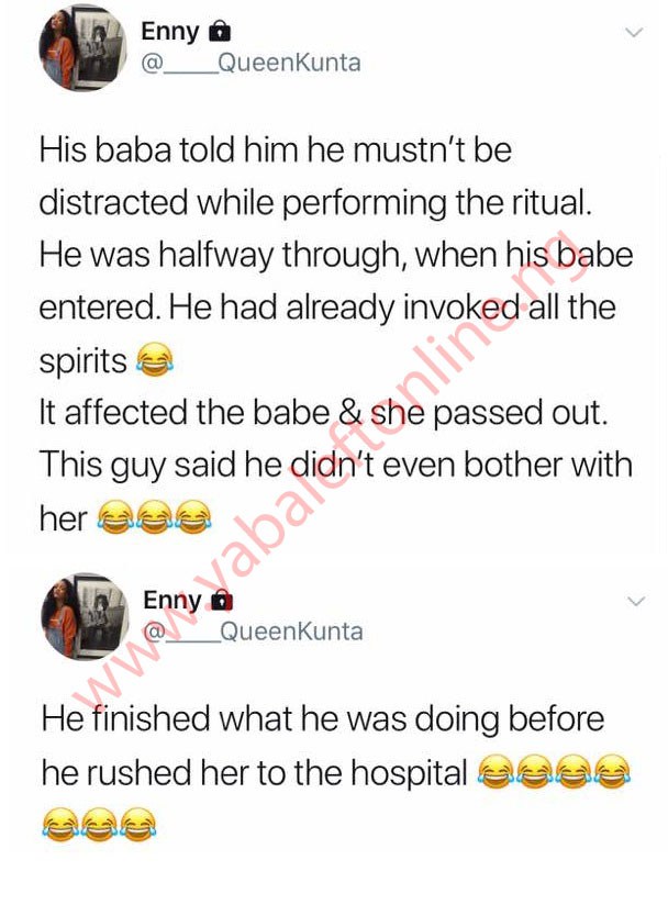'Yahoo Boy expecting N100 million gets interrupted by his pregnant girlfriend while he was summoning a spirit'