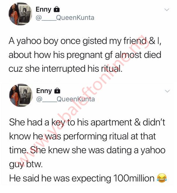 'Yahoo Boy expecting N100 million gets interrupted by his pregnant girlfriend while he was summoning a spirit'