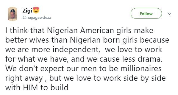 'Nigerian girls born in America make better wives than Nigerian girls born in Nigeria'- US based Nigerian Lady says