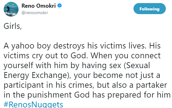 'When you sleep with a yahoo boy, you become a partaker of the punishment that awaits him' - Reno Omokri Tells Ladies