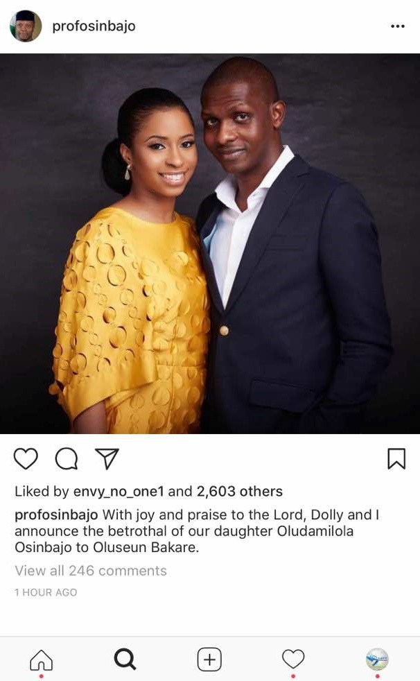 Yemi Osinbajo confirms his daughter, Damilola is set to wed her man, Seun
