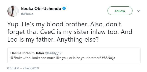 #BBNaija: Ebuka reacts to claims that Cee-C is his sister-in-law, and Tobi Bakre his brother