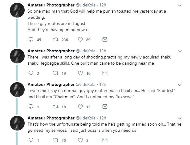 Man narrates how a gay man toasted him at a wedding in Lagos yesterday.