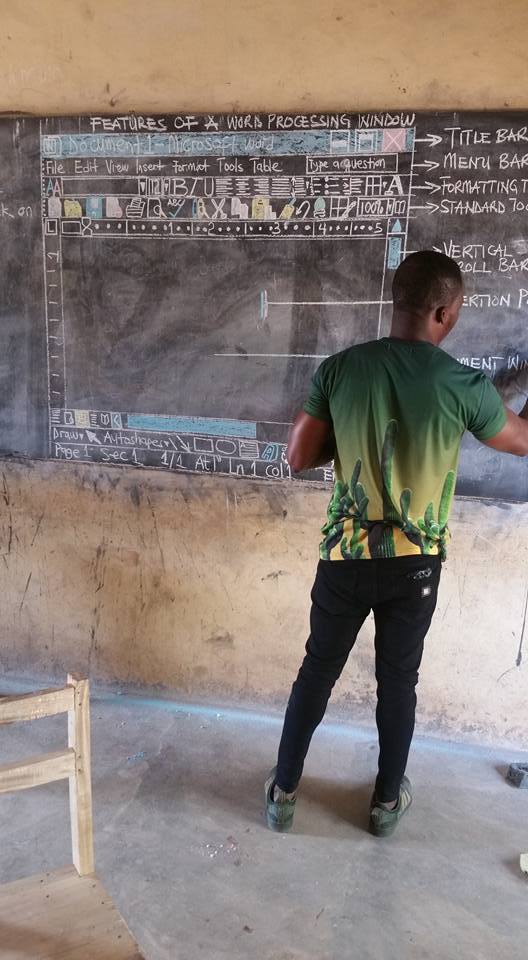 Microsoft To Support Teacher Owura Kwadwo Who Drew Computer Interface On The Board For His Students.