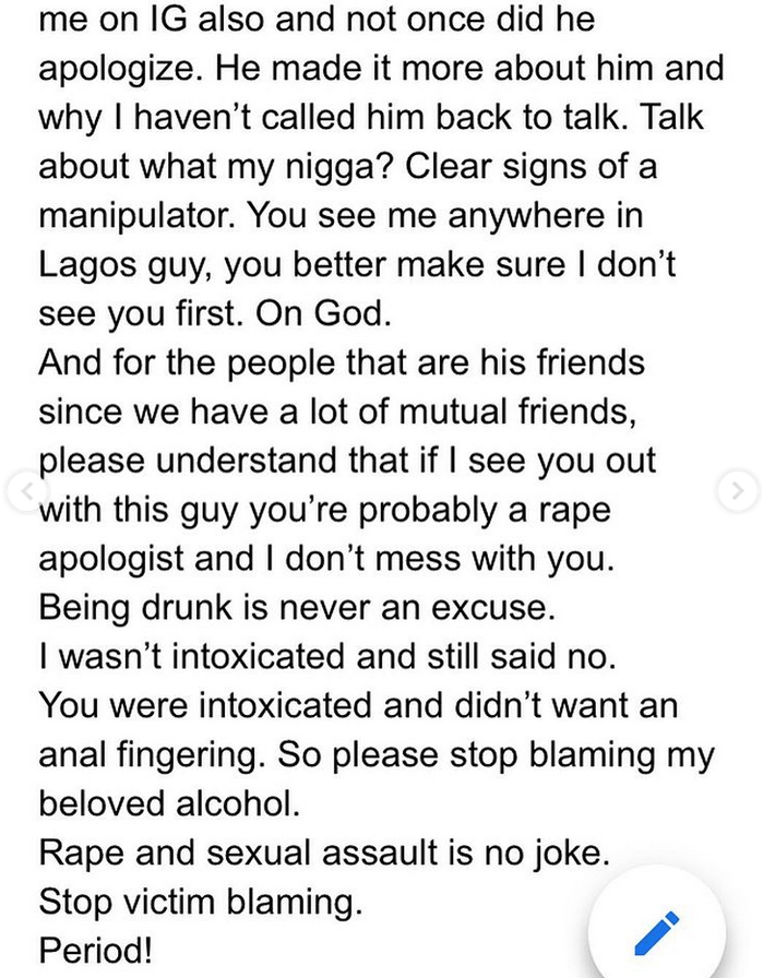 Lady shares heart-wrenching story of how her trusted friend almost raped her at his house in Lekki