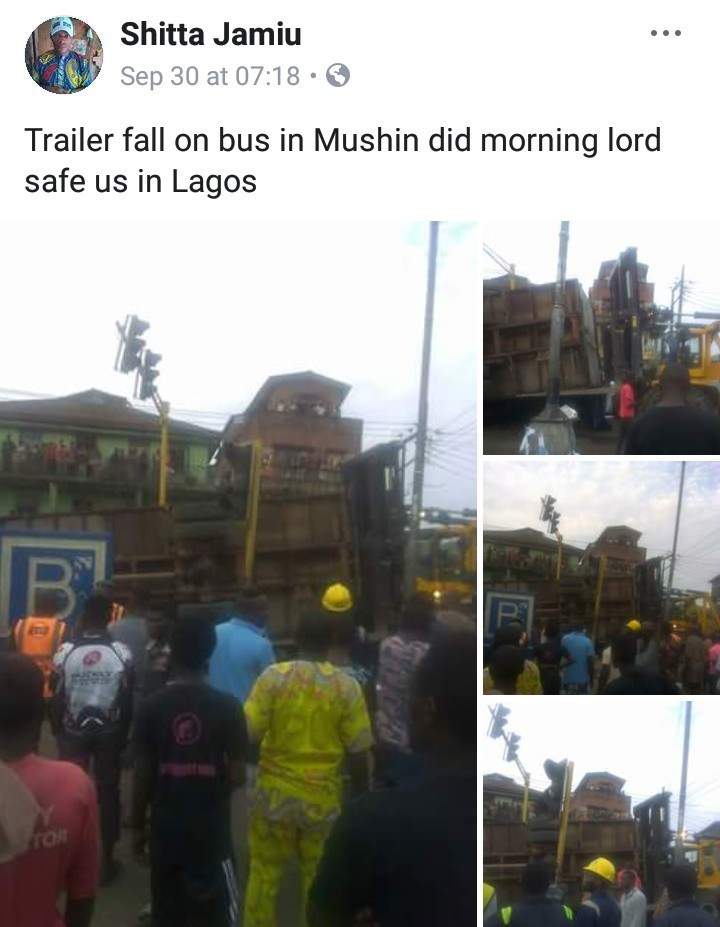 Driver killed as truck conveying tomatoes falls on bus in Lagos (Photos)