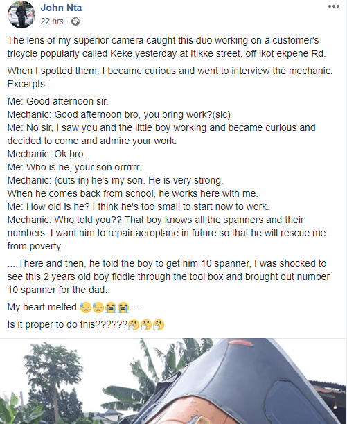 Man explains what transpired after he saw a mechanic and his toddler repairing a keke 'napep'