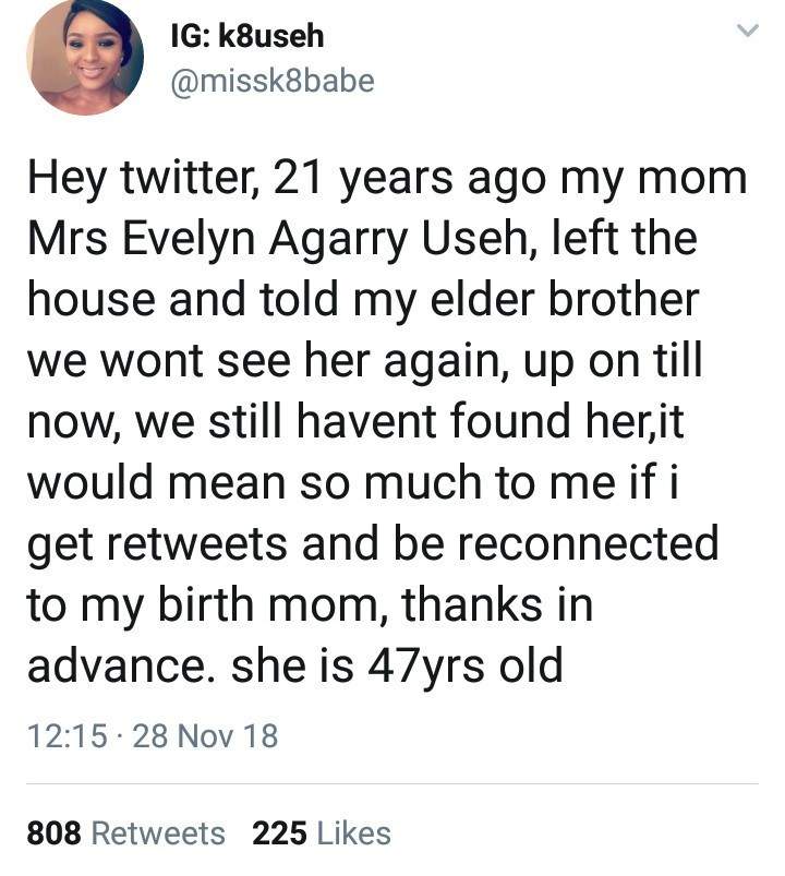Nigerian lady begins search for her mother who left home 21 years ago after telling them they'll never see her again