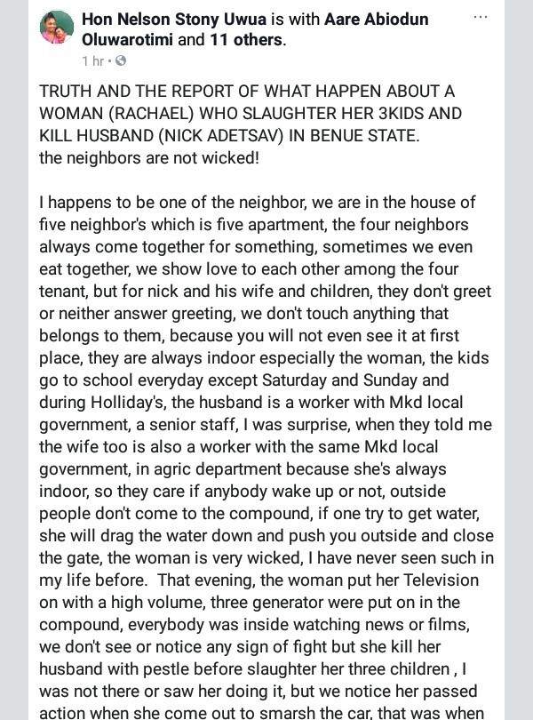 The woman is very wicked - Neighbour speaks about woman who killed her husband and three children in Benue state