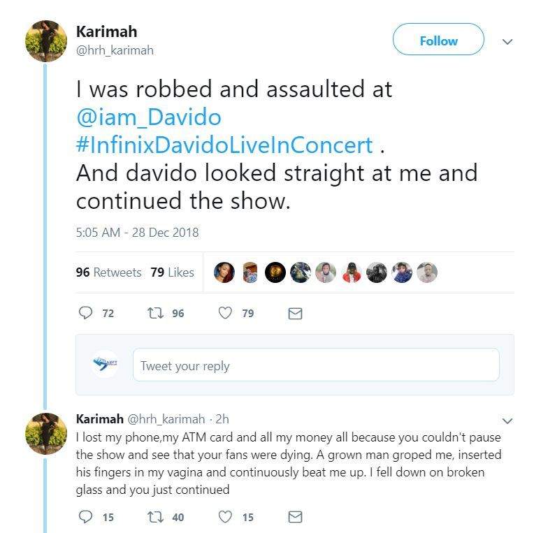Lady accuses Davido of 'Ignoring her' while she was being robbed and sexually harassed at his concert