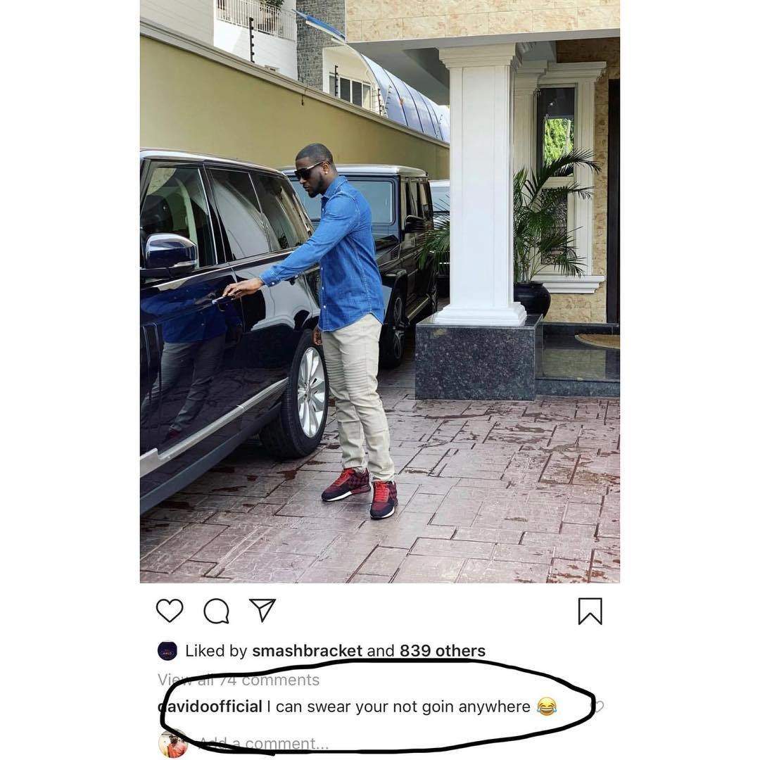 Davido savagely replies to a photo of Peter Okoye on Instagram