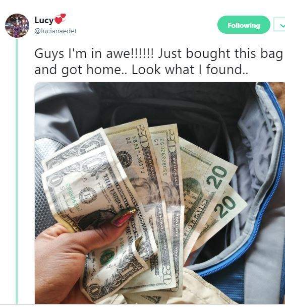 Nigerian lady finds dollar notes in 'second hand' bag she bought (Photo)