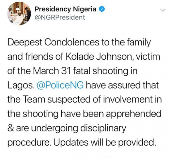Presidency sends condolence message to the family of Kolade Johnson