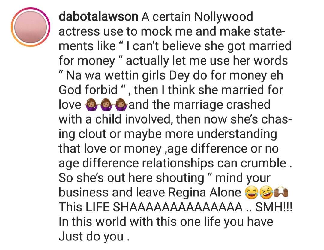 Regina Daniels' marriage: Dabota Lawson shades actress Yvonne Jegede