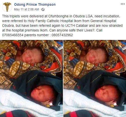 Newborn triplets in need of incubation reportedly stranded at a hospital premises in Cross River state
