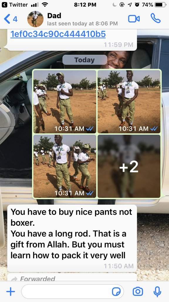 'You have a long rod. You must learn to pack it very well' - Nigerian father advises son after he sent him his NYSC photos