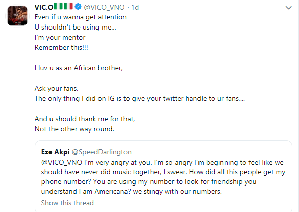 Top Nigerian rappers, Speed Darlington and Vic O fight on Twitter