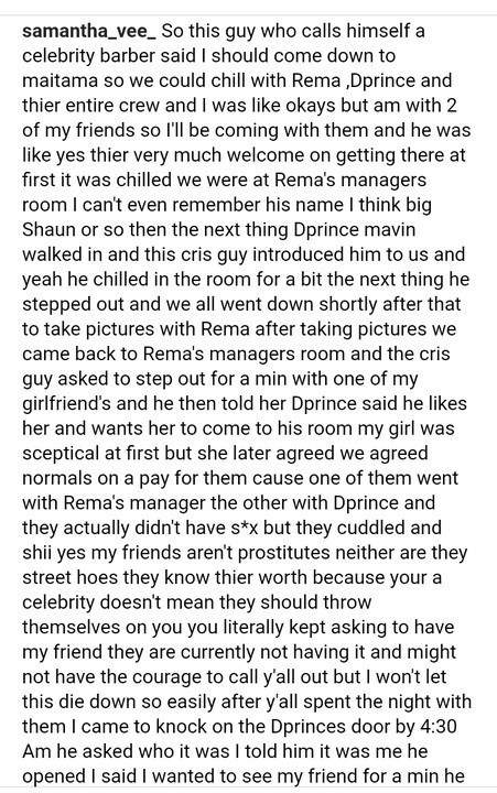 Abuja based lady calls out Rema and D'Prince for refusing to 'pay' her after spending the night at their hotel rooms