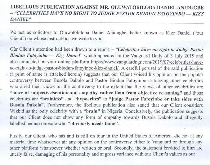 Kizz Daniel slams N100 million lawsuit on Vanguard Newspaper