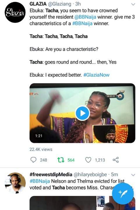 #BBNaija 2019: Nigerians react hilariously to Ebuka's questions for Tacha during Sunday's live show