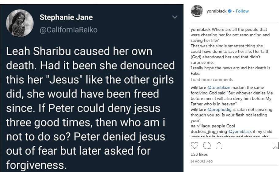 God abandoned Leah Sharibu, she should have denounced Jesus to save her life - Actor Yomi Black