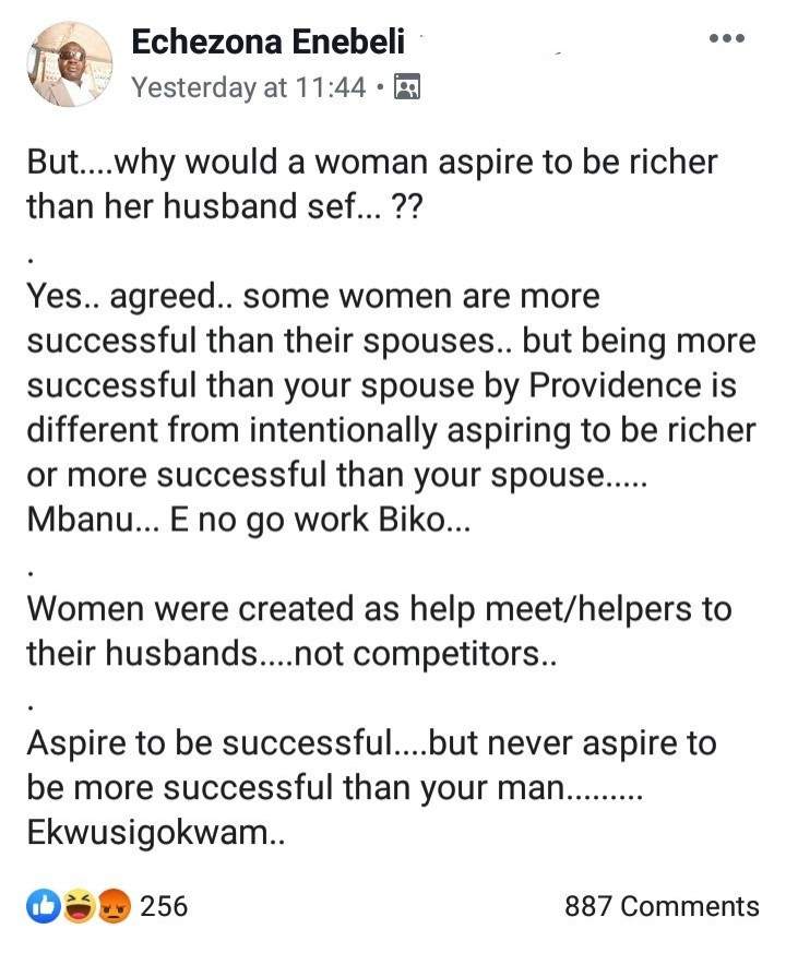 'Never aspire to be more successful than your husband' - Igbo man advices women
