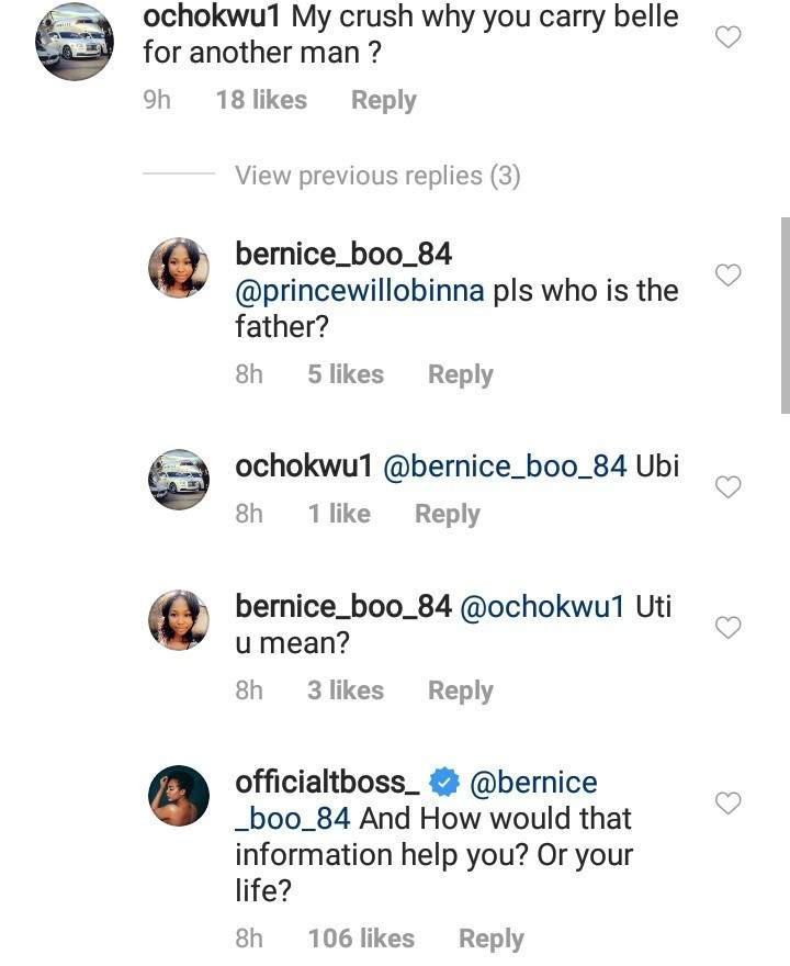 TBoss replies a follower who asked who the father of her unborn child is