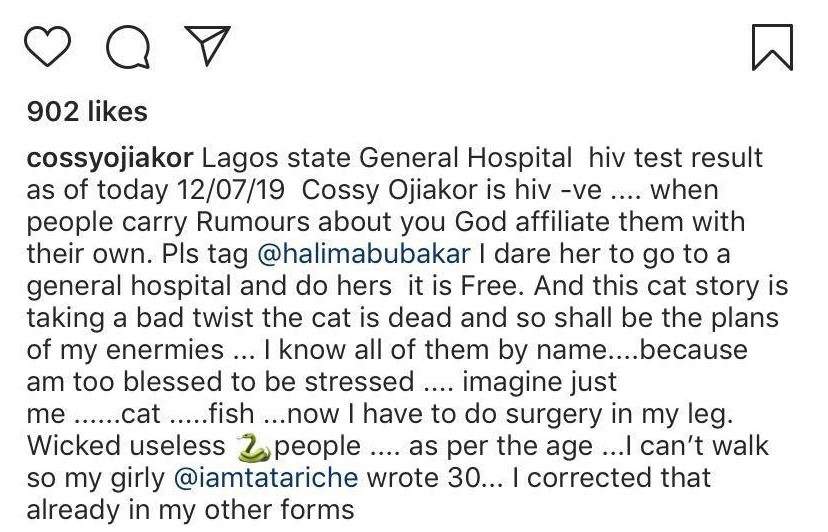 Cossy Ojiakor dares Halima Abubakar to go for a HIV test and post the result online